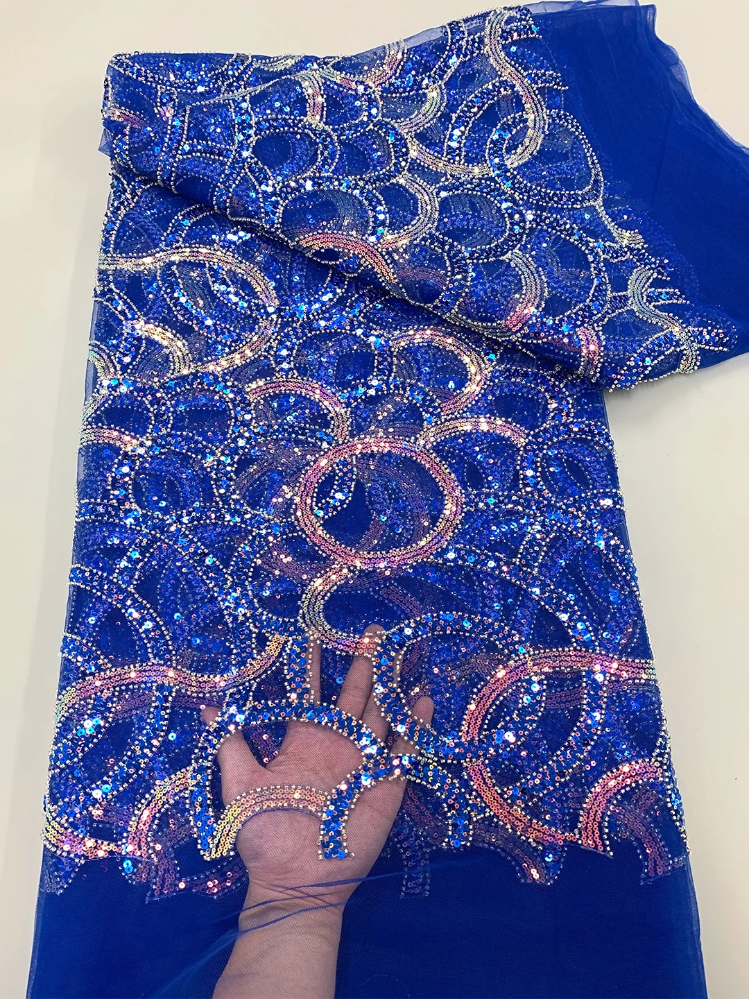 Royal Blue African Organza Fabric 2024 High Quality French Sequins Embroidery Heavy Beads Tulle Mesh Lace Fabric For Party Dress