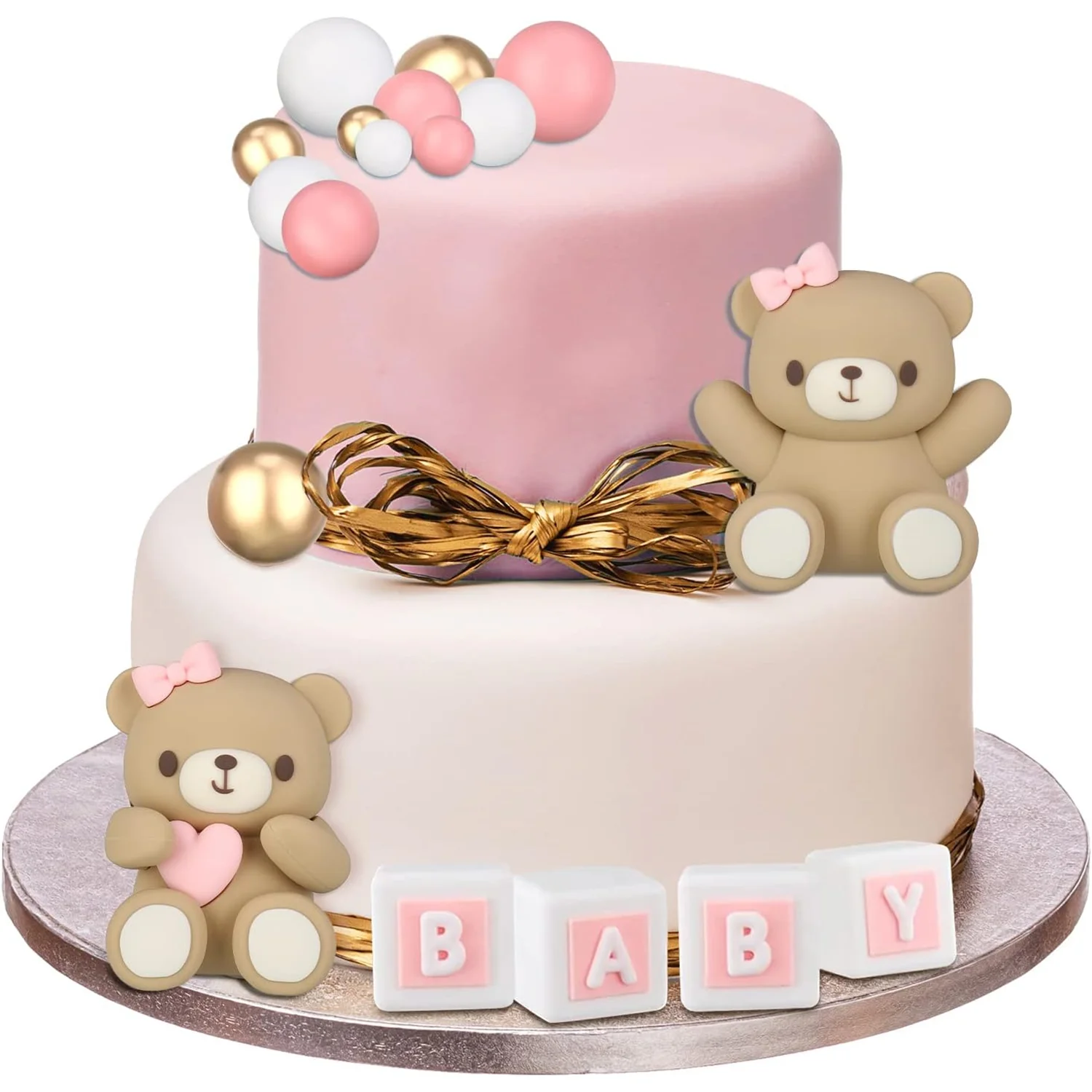 Pink Bear Cake Toppers 2-4cm Gold White Balls Teddy Bear Cake Topper for Birthday Gender Revel Party Baby Shower Cake Decoration