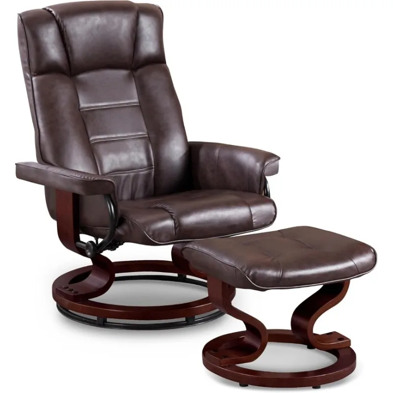 Swivel Recliner with Ottoman, Multi-Position Leisure Office Chair with Adjustable Back, Faux Leather,with Footrest(Dark Brown)