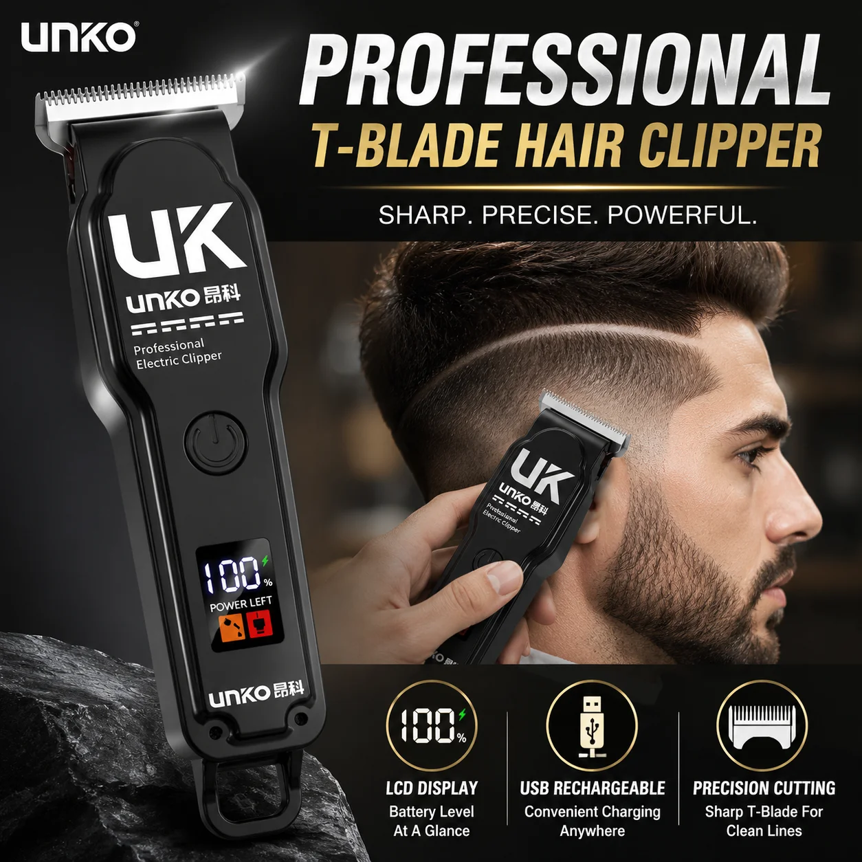 Máquina de Cortar Cabelo Profissional T Blade para Homens, Aparador Elétrico Sem Fio com Display LCD, Aparador de Barba Recarregável USB para Barbeiro