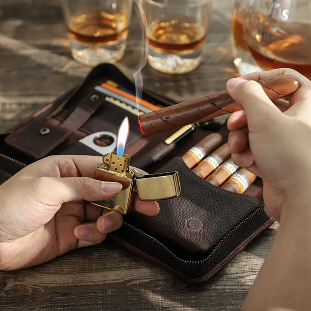 Vintage Portable Cigar Travel Humidor Case with Cigar Cutter Holder Multi-Function Card Storage Wallet Bussiness Gift for Men