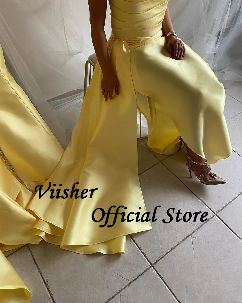 Viisher Gold Meramid Evening Dresses for Women Pleats Satin Long Dubai Arabic Prom Party Dress with Skirt Foraml Gowns