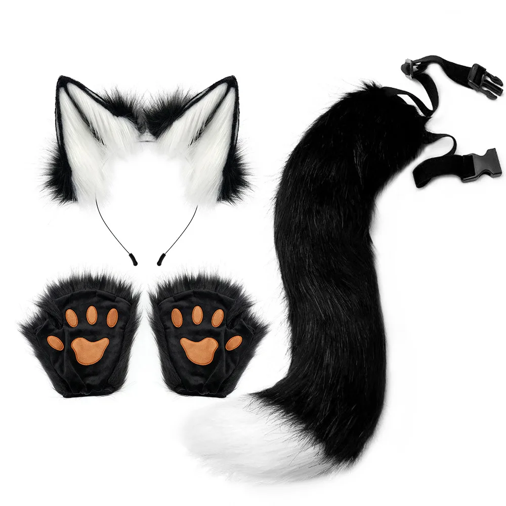 Masquerade Faux Fur Fox Cat Ear Hairband，Long Tail，Beast Claw Gloves Cosplay Accessories Set Animal Costume