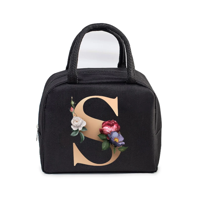 Golden Flower 26 Alphabet Print Lunch Bag Men and Women Rose Graphics Bento Thermal Handbags Thickened Insulation Lunch Box Bag