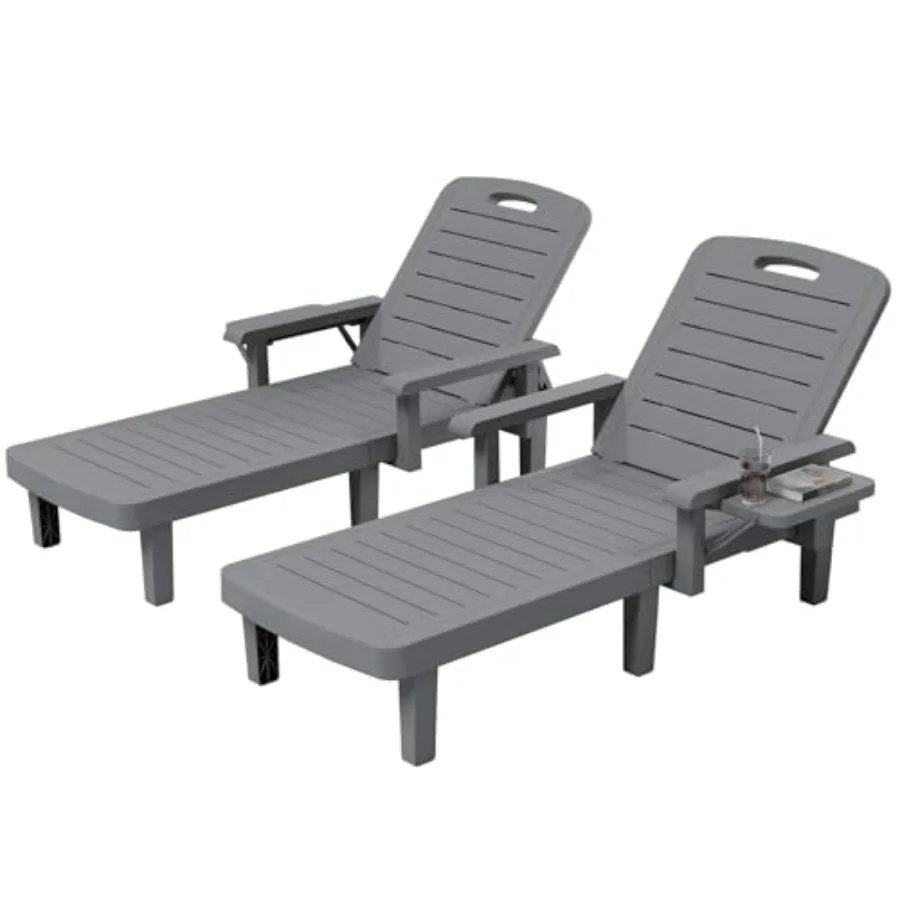 Outdoor Chaise Lounge Chairs Set of 2 with Armrests, Resin A