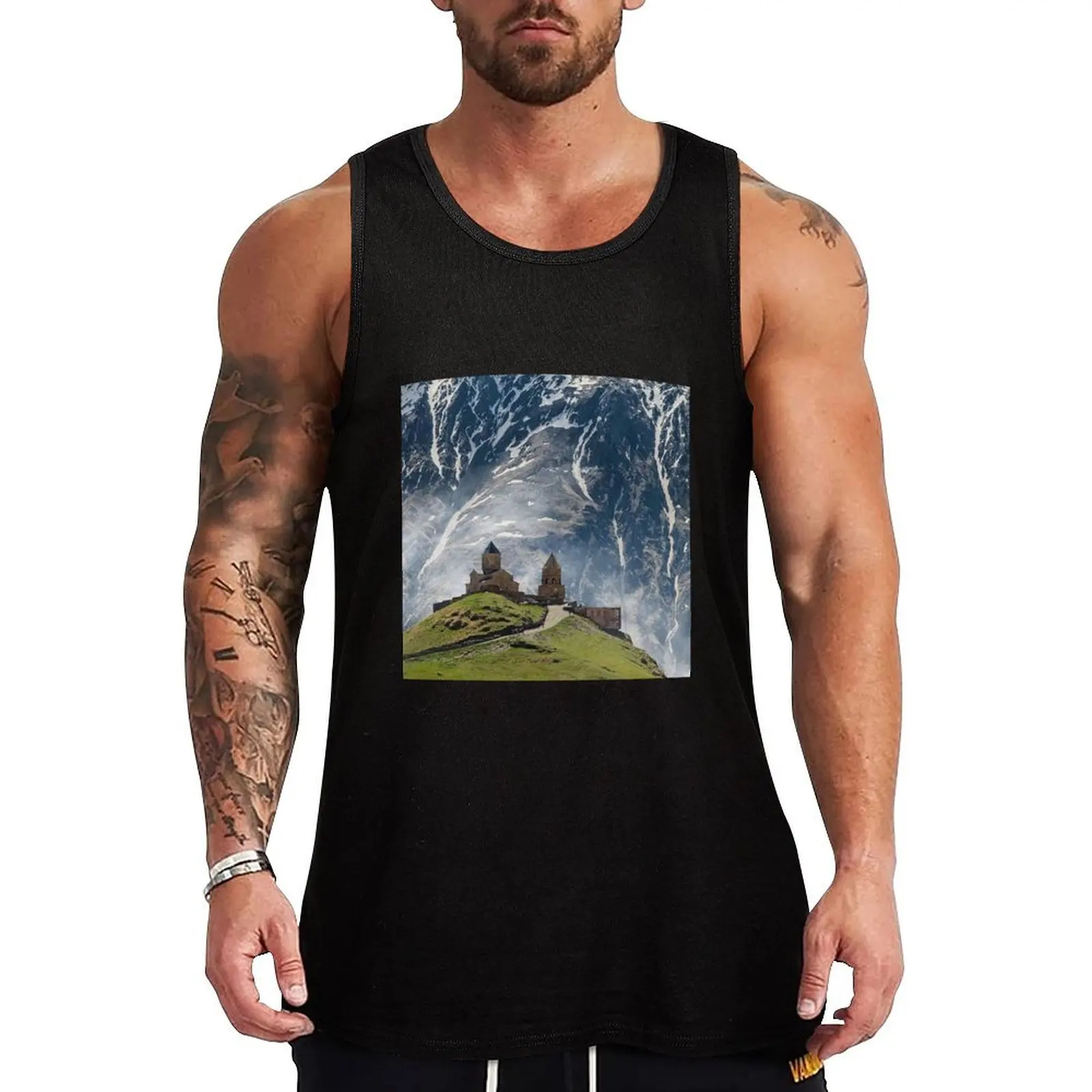 Gergeti Trinity Church Georgia, Caucasus Mountain as a back drop Tank Top Casual Summer Tank Top Lightweight Sleeveless Shirt