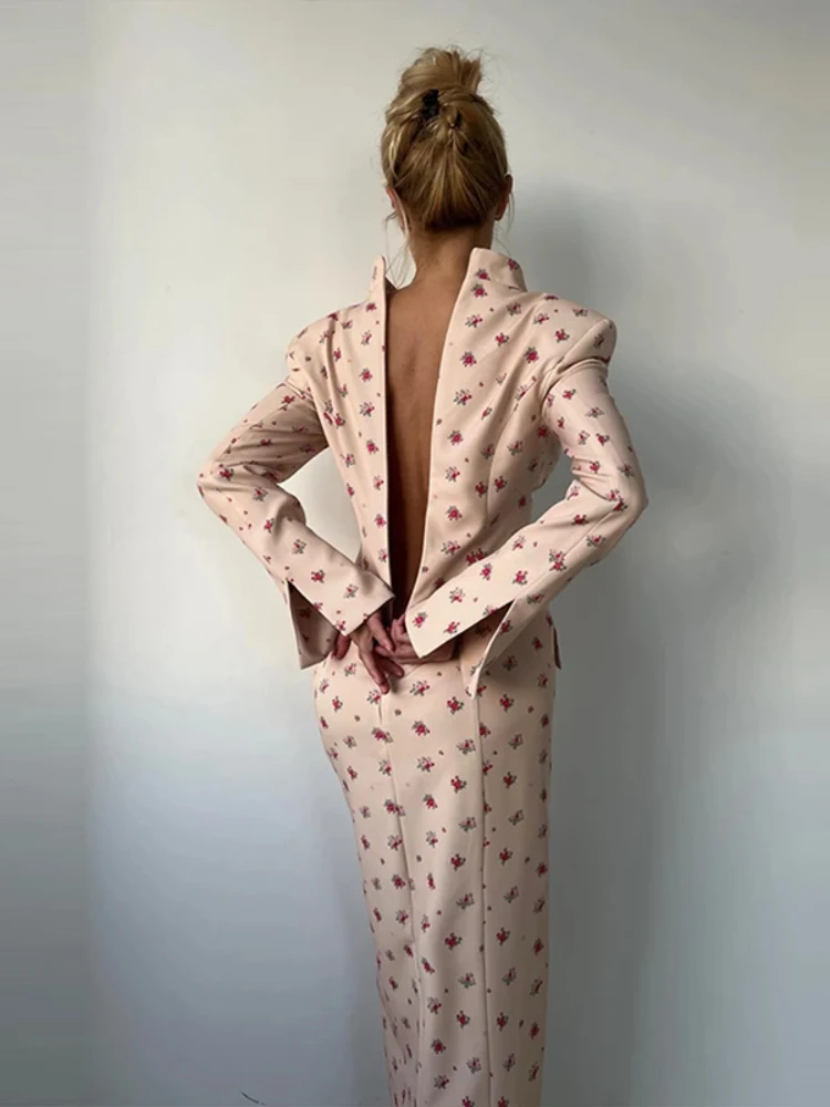 

Elegant Printed Buttons Long Dress Women Waist Cinched Shoulder Pads High Collar Slit Dresses 2026 Spring Holiday Party Robe New