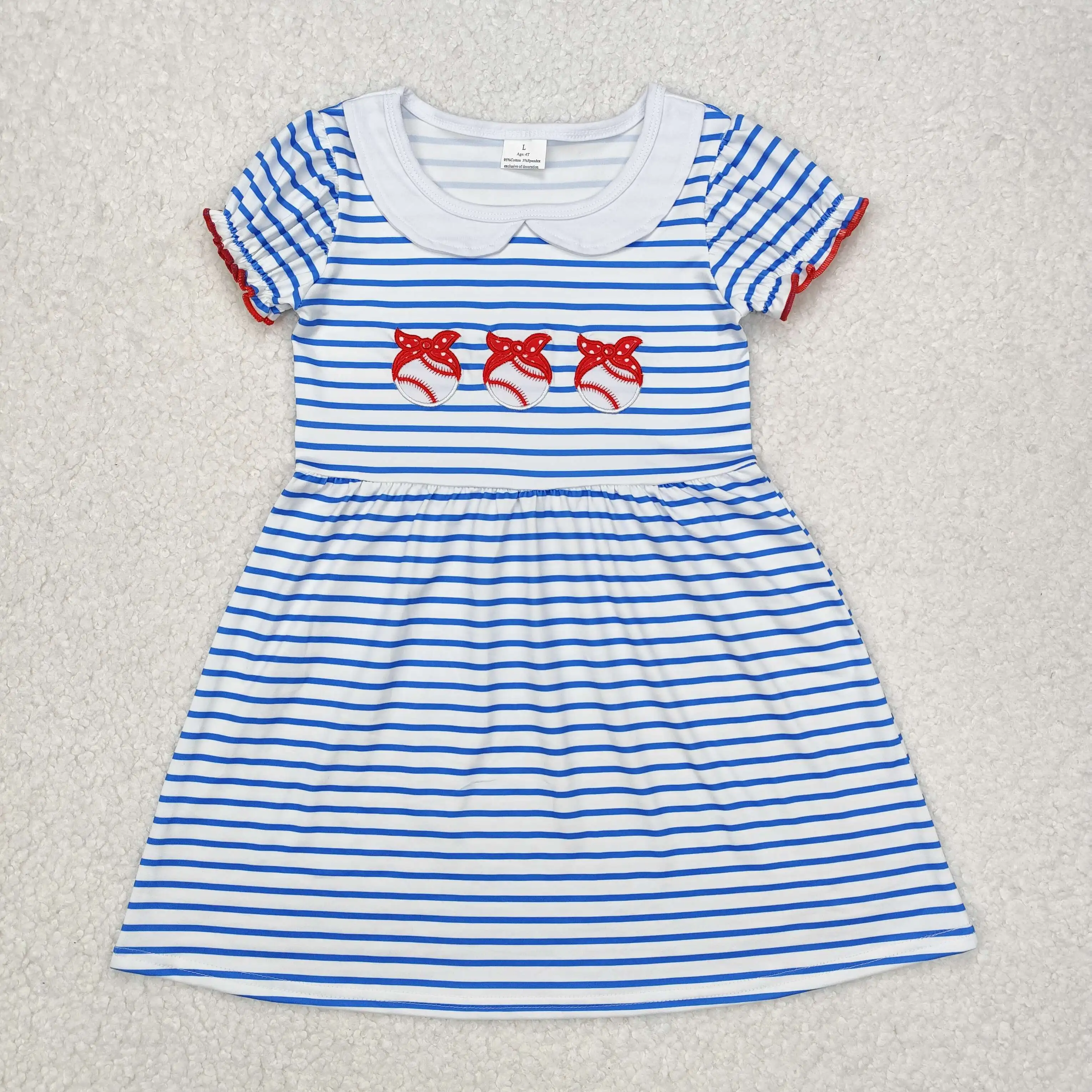 

New rts new summer sports skirt wholesale boutique embroidered bow baseball pattern girls striped short sleeve dress