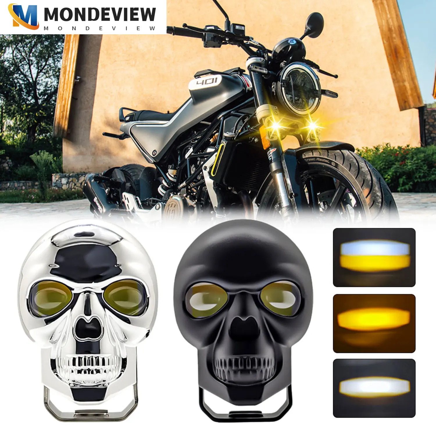 MONDEVIEW Skull Head Spot 3500K Amber 6000K Cold White Light 180W High Power 18000LM Motorcycle Car Running Light