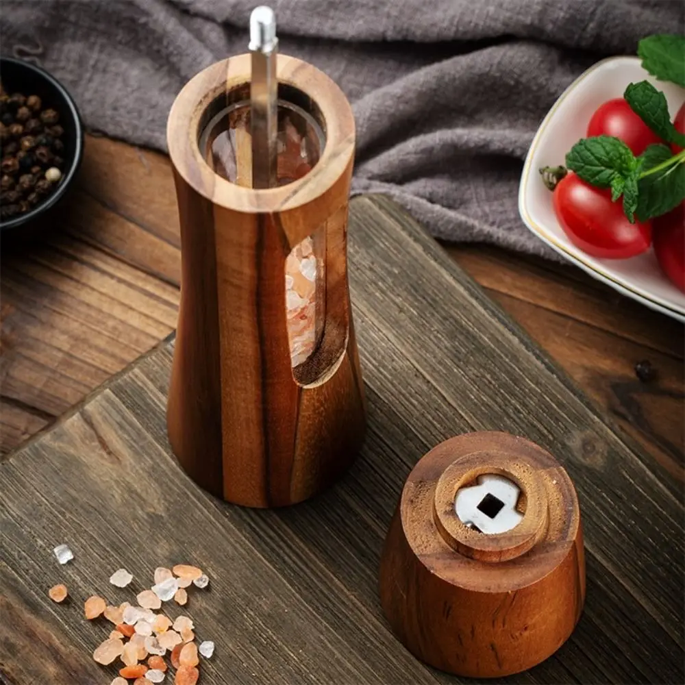 1/2Pcs Manual Salt and Pepper Mill Transparent Window Wooden Wooden Pepper Bottle with Base Refillable Pepper Grinder Seasoning