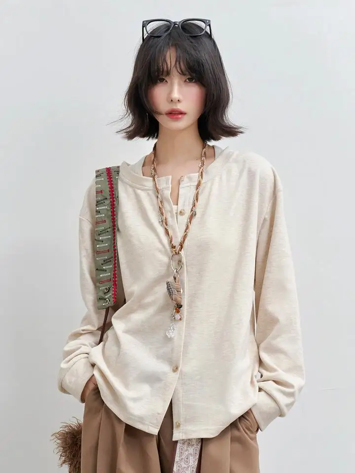 Double-Sided Wear Long Sleeve V-Neck Open Cardigan T-Shirt Women's Casual Style Comfortable Soft Breathable Polyester Blend