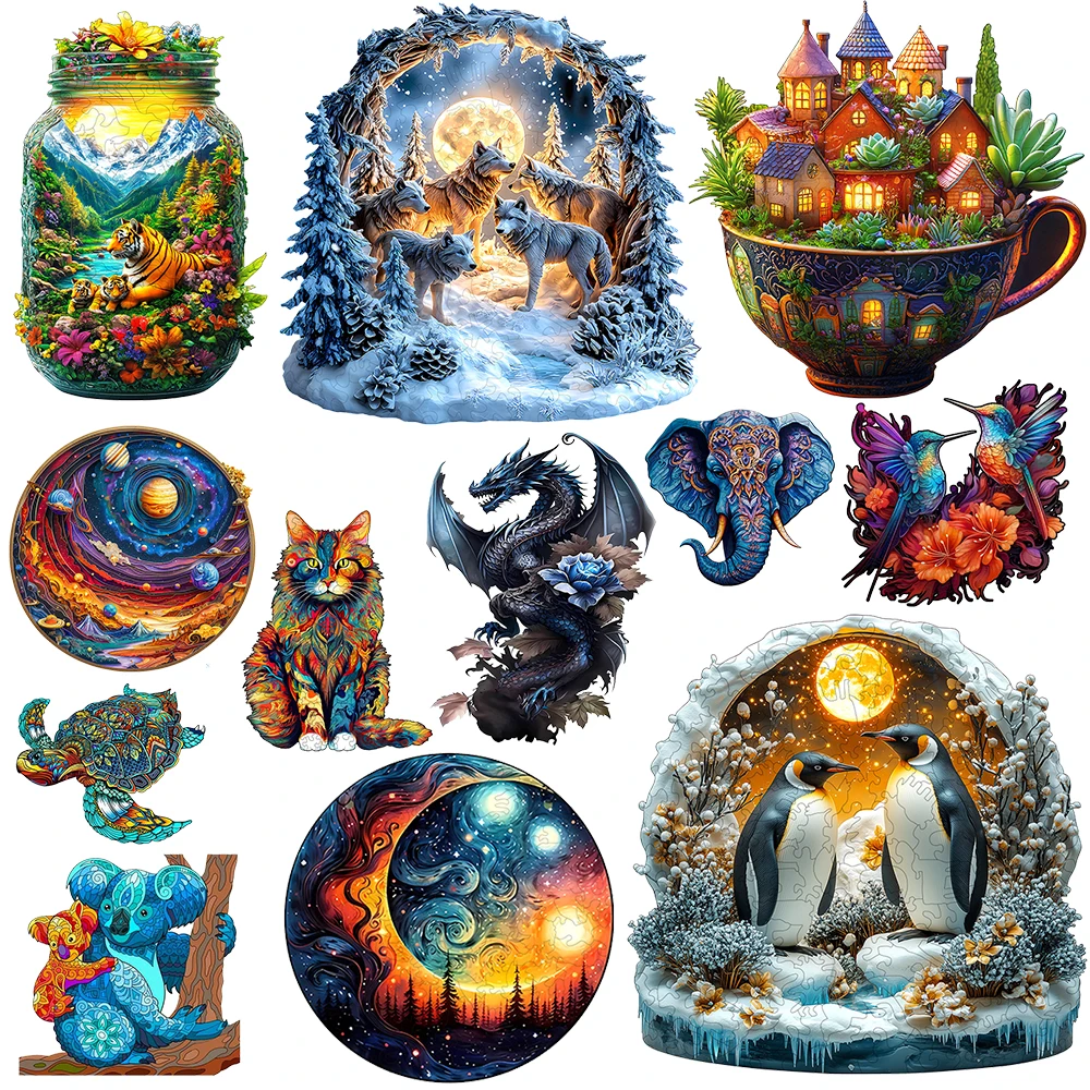 

Деревянный пазл с животными, мир льда и снега, пазл с волком, детский пазл, украшение для дома для взрослых, праздничный подарок, игрушка своими руками