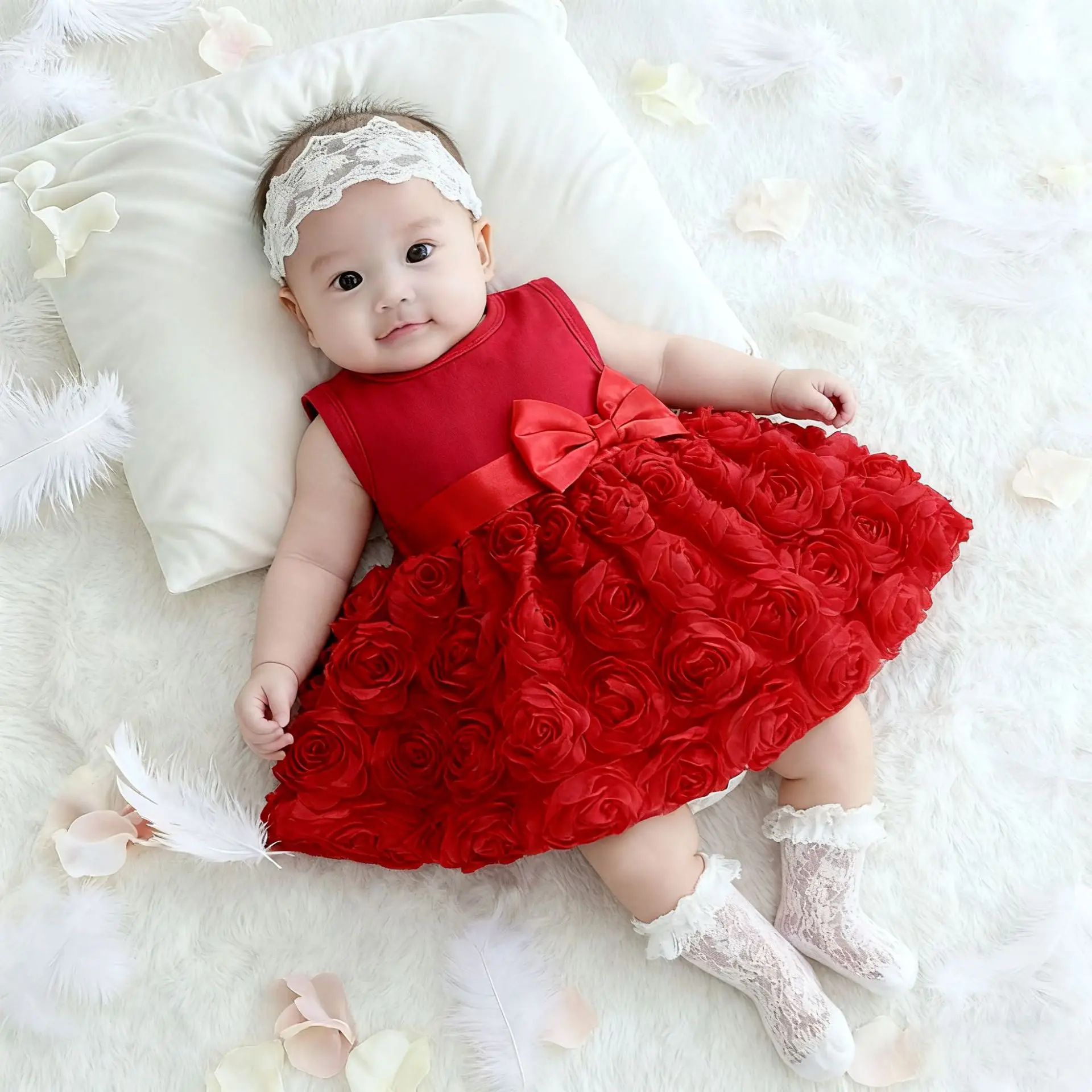 

Новое летнее платье для новорожденных девочек, красное, на годик, для маленьких принцесс