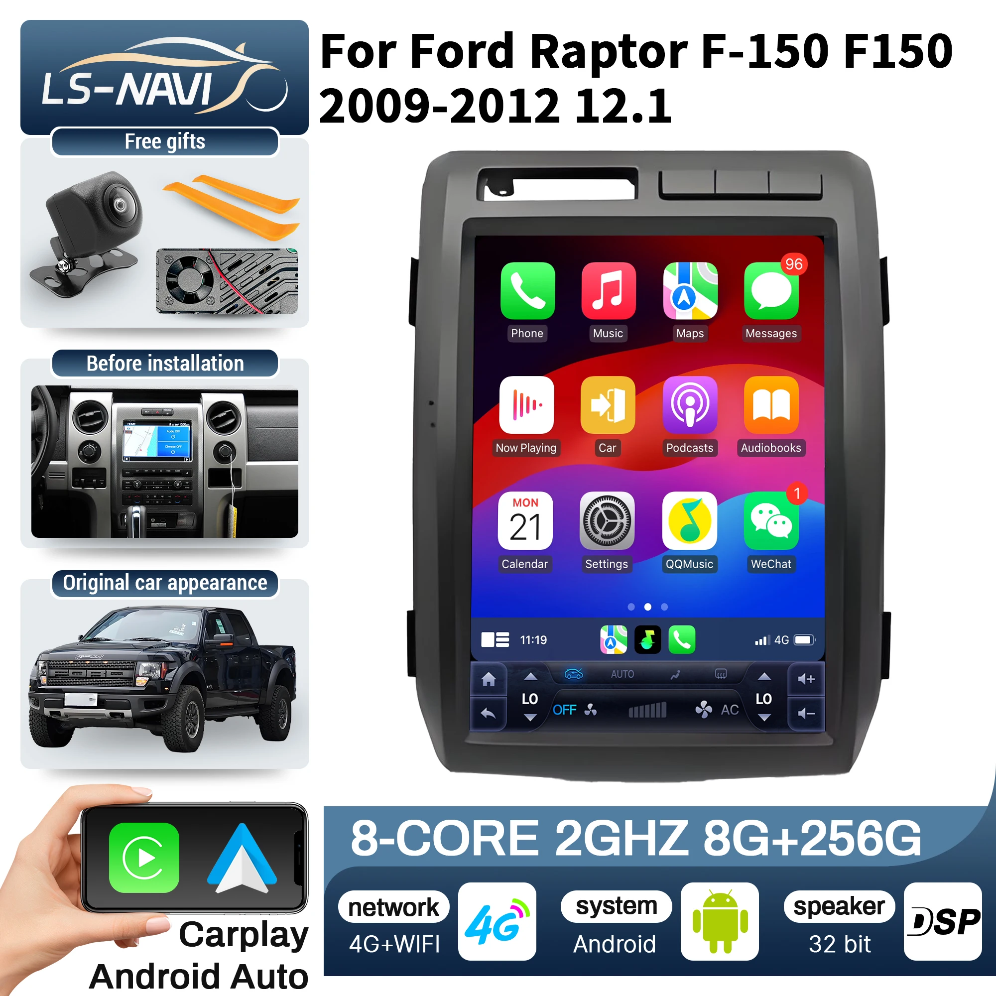 12.1 Inch Car Radio for Ford Raptor F-150 F150 2009-2012 Android 14 4G Touch Screen Stereo Wireless Bluetooth CarPlay Head Unit