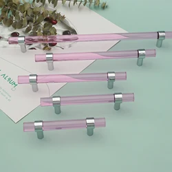 Pink Acrylic Handles for Furniture Bright Chrome Zinc Alloy Kitchen Cabinet Handles Wardrobe Pulls T bar Cupboard Door Knobs