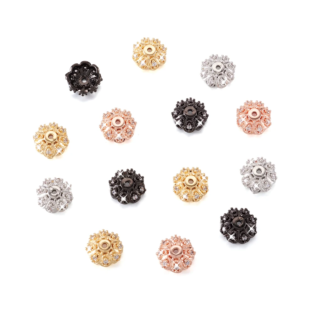 50Pcs Multi-Petal Flower Brass Micro Pave Cubic Zirconia Bead Caps Spacers for DIY Bracelet Necklace Jewelry Making Findings