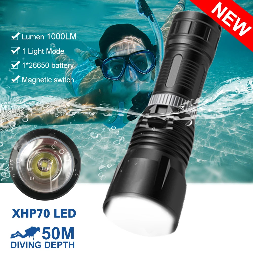 

FUNNYDEER D857 1000LM 50M Scope Diving Light 26650 Battery Flashlight XHP70 LED Lamp Diving Depth Torch IPX8 Waterproof Lantern