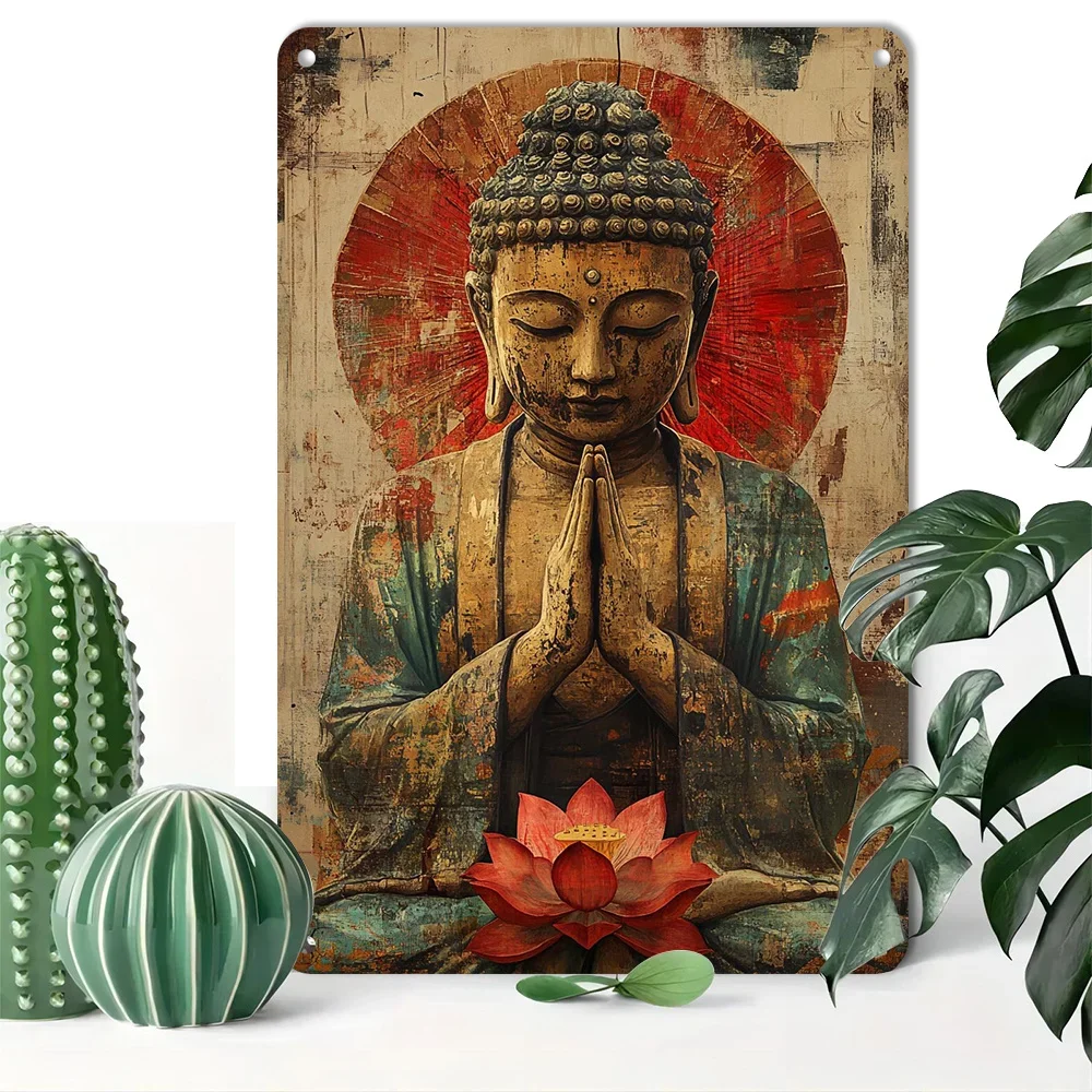 Vintage Buddha Lotus Iron Metal Tin Sign 8x12inch Zen Wall Decor Plaque for Home Office Club