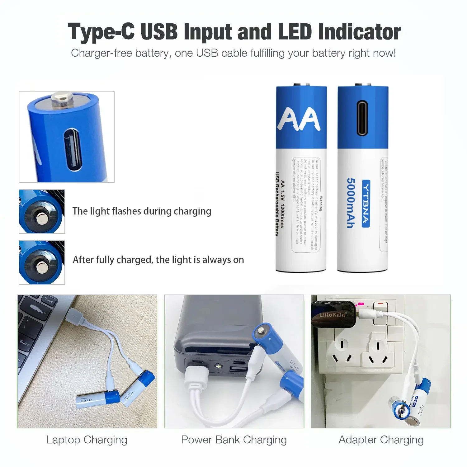 1.5V AA 5000mAh USB Rechargeable AA  Li-ion Battery for Remote Control Mouse Small Fan Electric Toy Battery with Cable