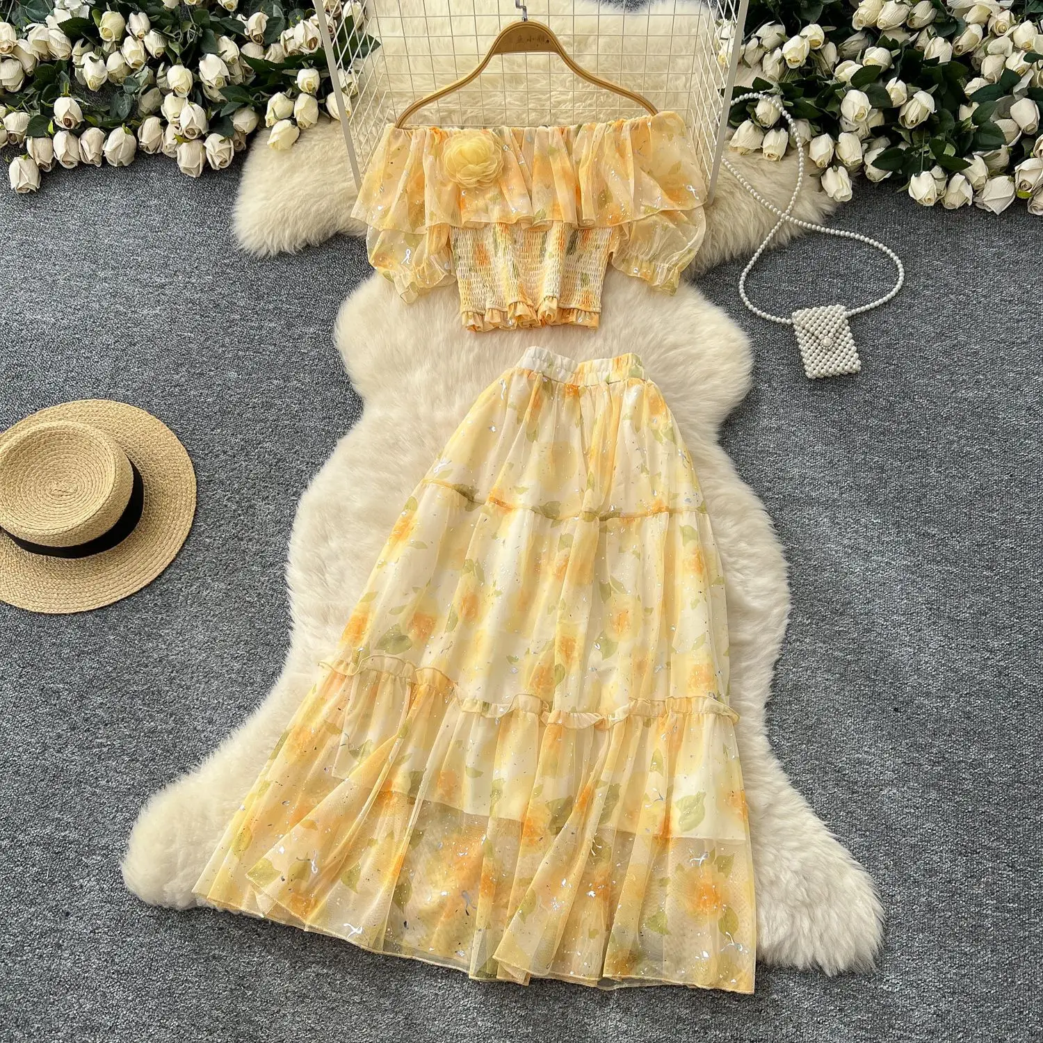 

Two Piece Sets Women Skirt Set Matching Sets Print Floral Short Tops Long Skirts Dress High Waist Casual Y2k Streetwear Elegant