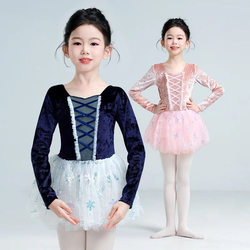 

Girls Ballet Leotards Long Sleeve Dance Tutu Dress Kids Child Velvet Ballet Bodysuit with Tutu Skirt Snowflake Sequins Outfits