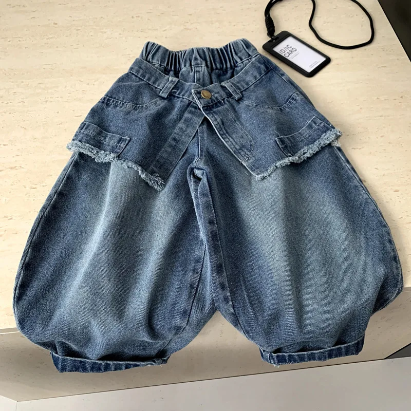 Boys Pants 2026 Spring and Summer New Childrens Clothes Korean Style Boys and Girls Fake Two Design Sense Casual Jeans