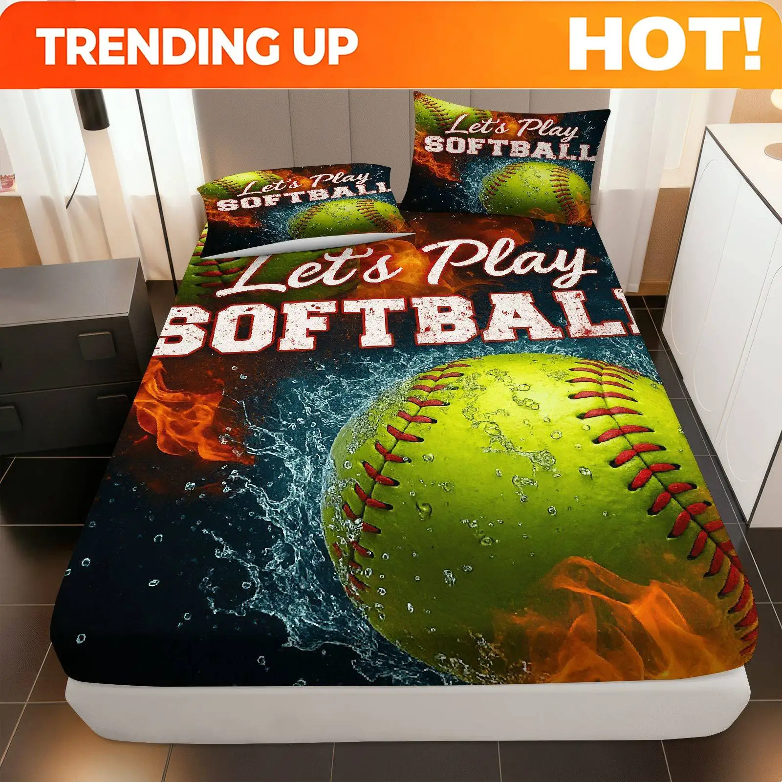 Customize 3pcs Softball Fire Water Fitted Sheet 3pcs Set (1*Fitted Sheet+2*Pillowcases, Coreless), No- Theme, Sport Bedding, Mat