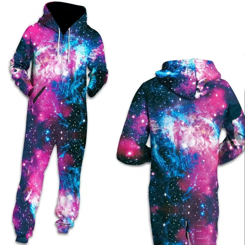 

Halloween Brand New Adult Costume Galaxy Starry Sky Printed Coat Jacket Pajamas Sleepwear Zipper Hooded Bodysuit Women's Jumpsui