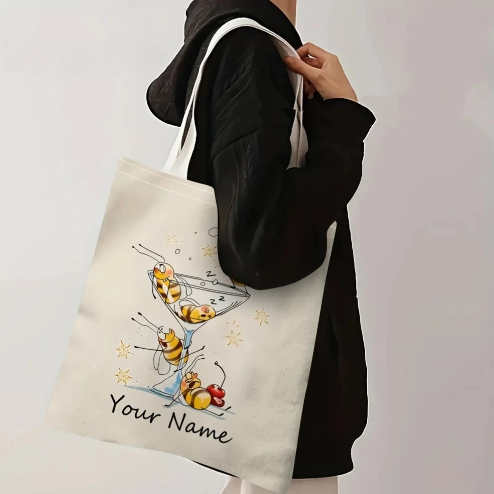 Custom Name Cartoon Bee Cocktail Print Canvas Tote Shopping Bag Funny Insect Graphic Reusable Shoulder Handbag For Women