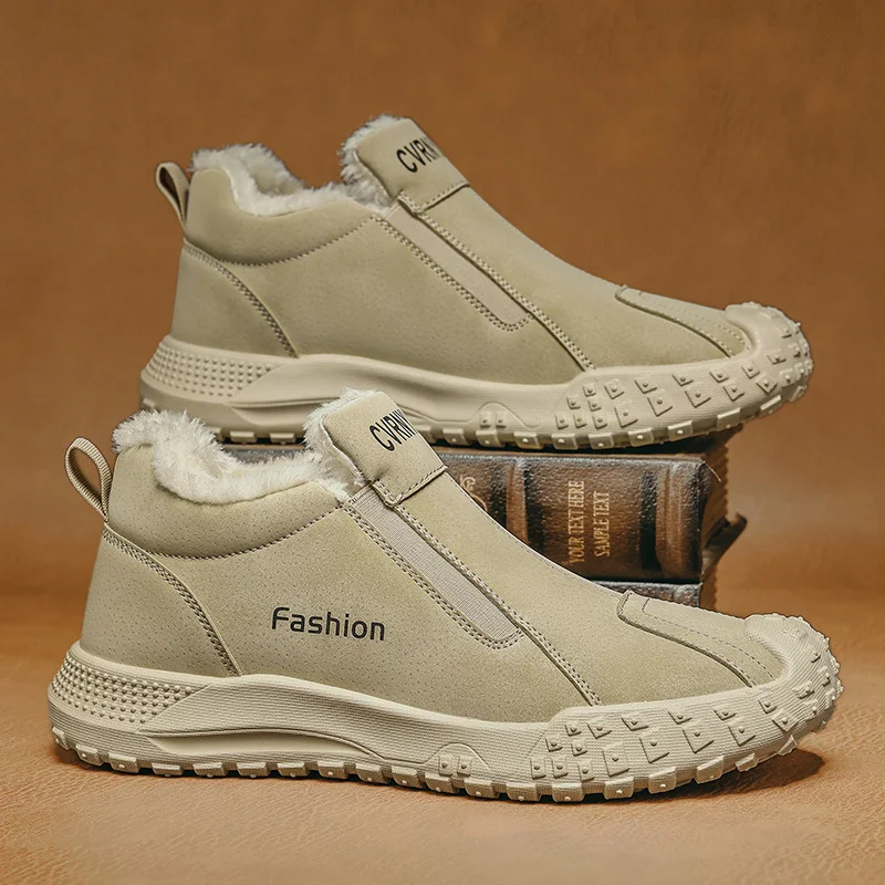 Men Warm Artificial Fur Lined Snow Boots, High‑Top Lace‑Up Non‑Slip Thick Sole Winter Outdoor Casual Ankle Boots