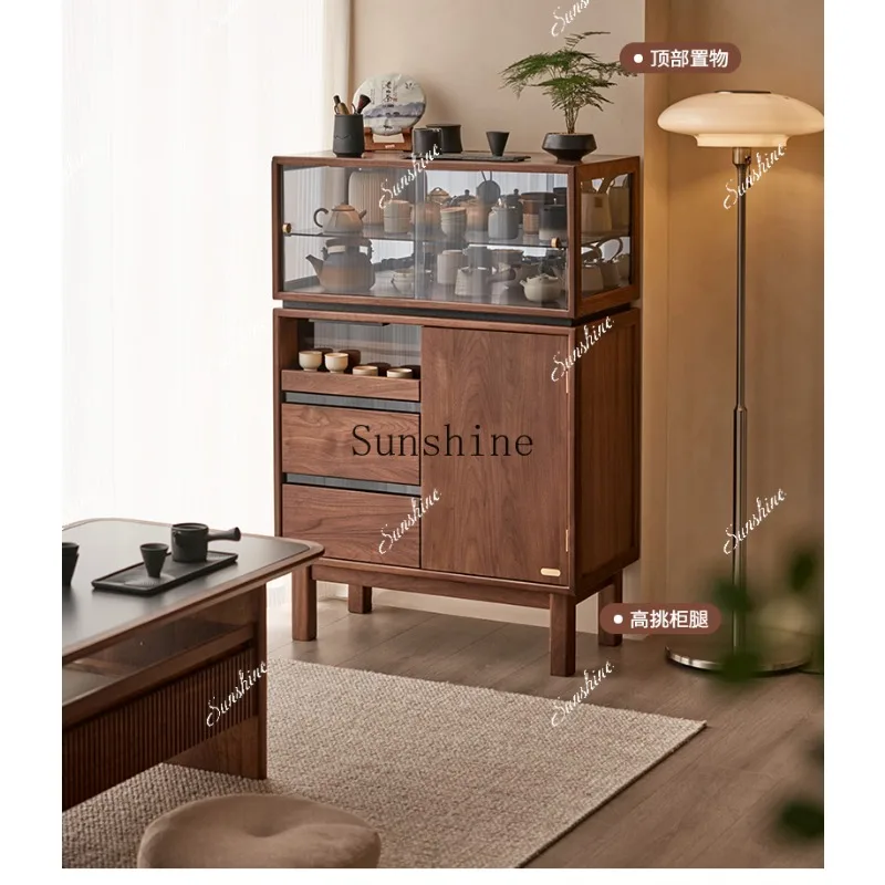 Large and small apartment, TV side cabinet next to solid wood sofa, black walnut simple locker  FT