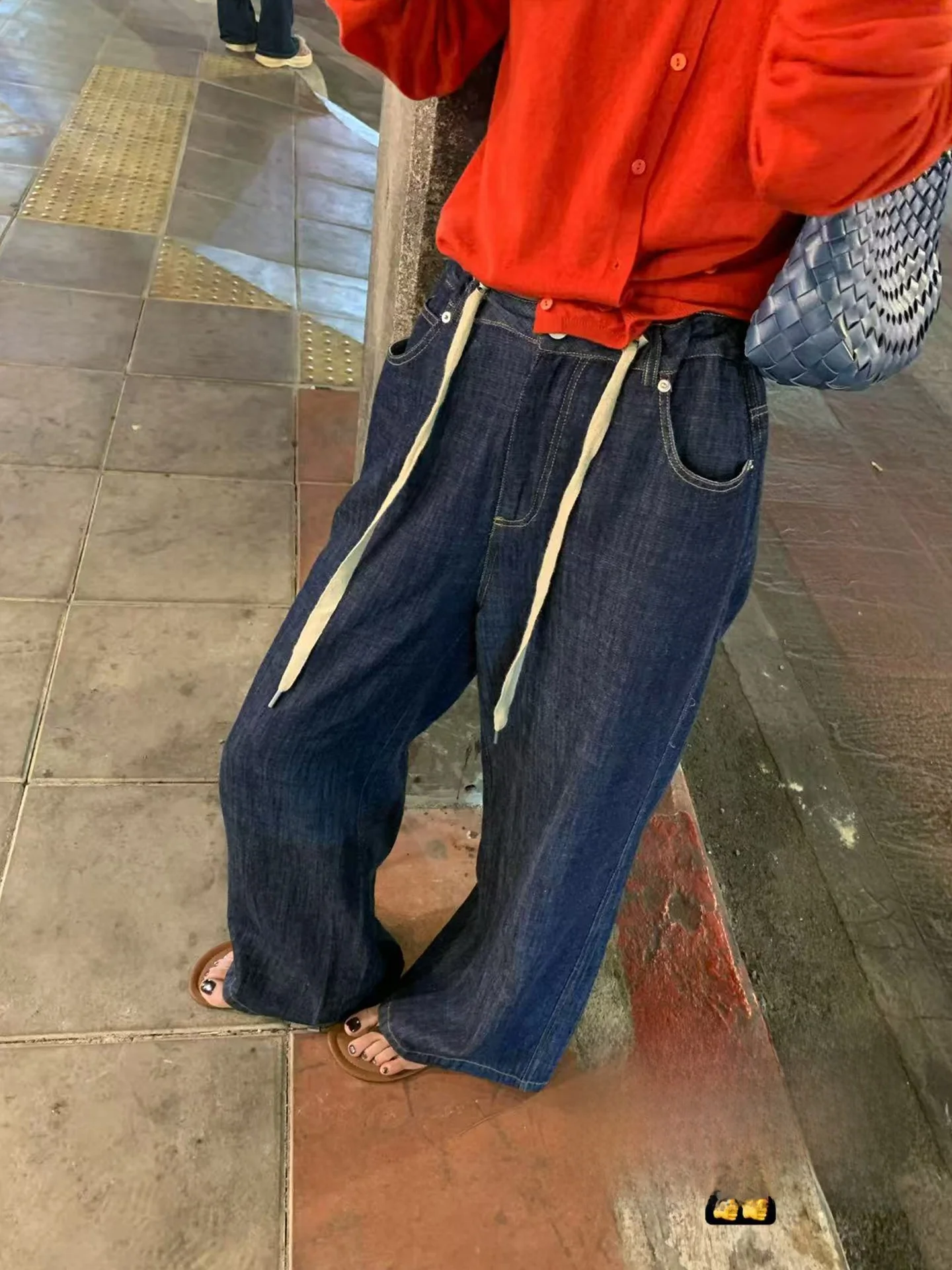 

New Arrival Dstring Elastic Thin Color Jeans Wide Leg Pants Casual Sle Knitted Ladies Jeans l Waist Button Closure