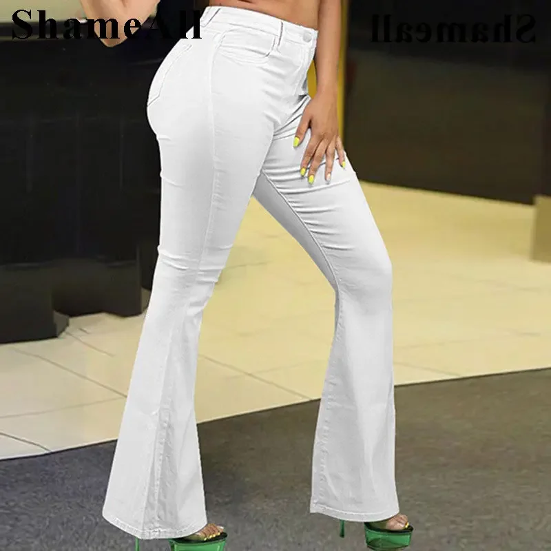 Plus Size Loose Comfortabl White Flare Jeans 3XL Streetwear Women High Waist Stretchy Grunge Denim Pants Wide Leg Bell Bottoms