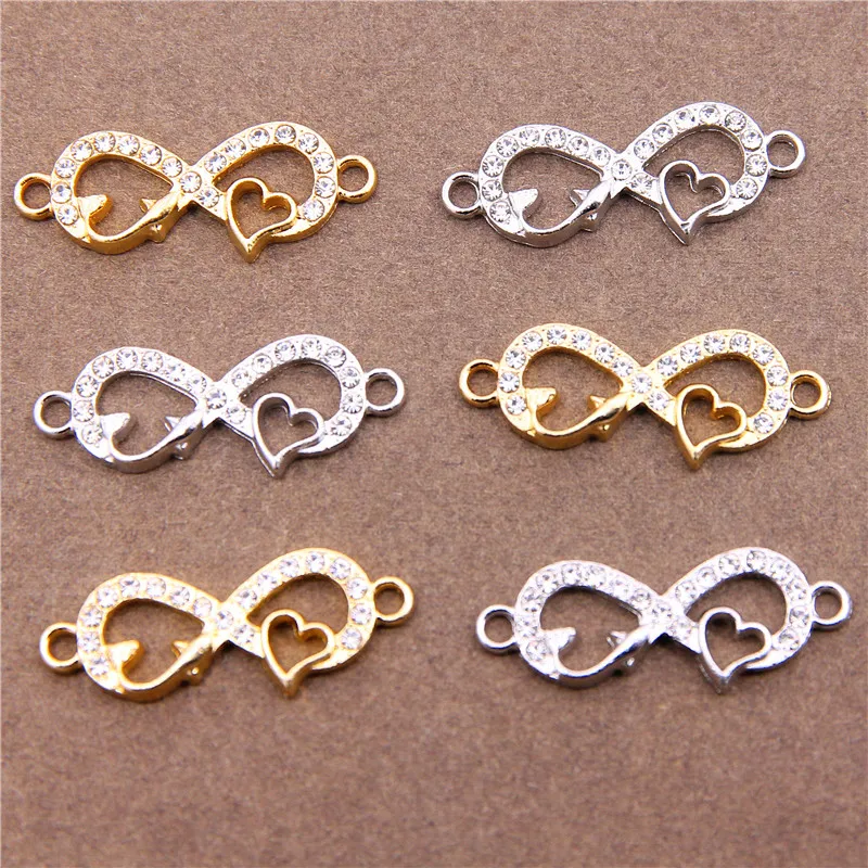 6pcs 12*32mm KC Gold White K Color Inlaid rhinestones Infinity Symbol Heart Heartbeat Connector Charms For Jewelry Making