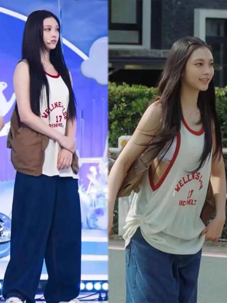 

Новинка: Женский хлопковый летний модный топ Newjeans Haerin Stage Engli 7 с принтом и цветными блоками, без рукавов