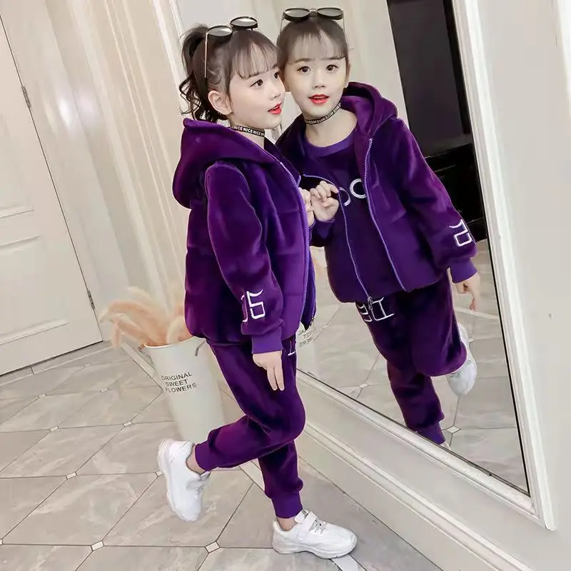 2025 Autumn winter girls tracksuit Toddler Teenager Cloth spring velvet jacket + hoodie + Pant Children set 4 8 9 10 11 12 year