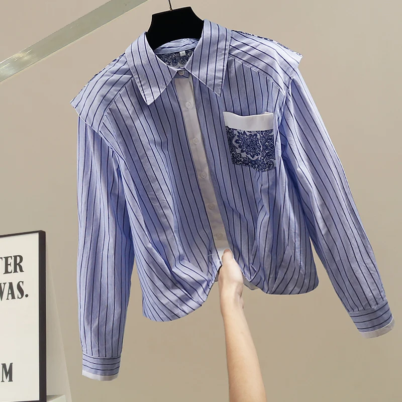 

Faionable Slim Fit Striped Patchwork Single Button Heavy Du Long Sve irt Casual Sle Breathable Polyester Women's Top