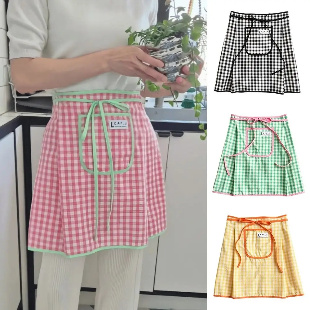 New Cotton Half Waist Apron Stain Resistant Square Check Pattern Cooking Apron Breathable Half Length Apron Home Cooking