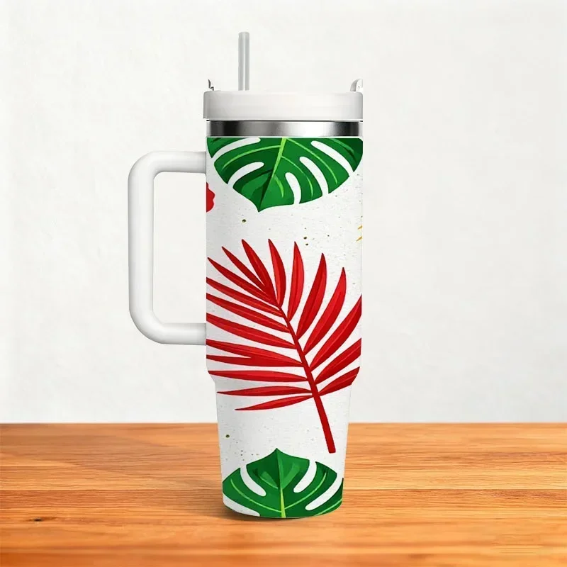 40oz Stainless Steel Insulated Tumbler, Vibrant Digital Tropical Print with Red Hibiscus, Green Monstera & Yellow Palm Leaves, Reusable Hot & Cold Drink Cup for Daily Use, Outdoor Trips & Summer Gatherings