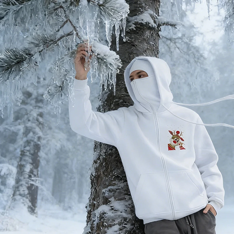 

Мужская толстовка на молнии, зимняя теплая повседневная толстовка ﻿ ﻿ Рождественская мода Ретро Y2K Маска для лица с капюшоном Дизайн Спортивная куртка Серый Толстовка