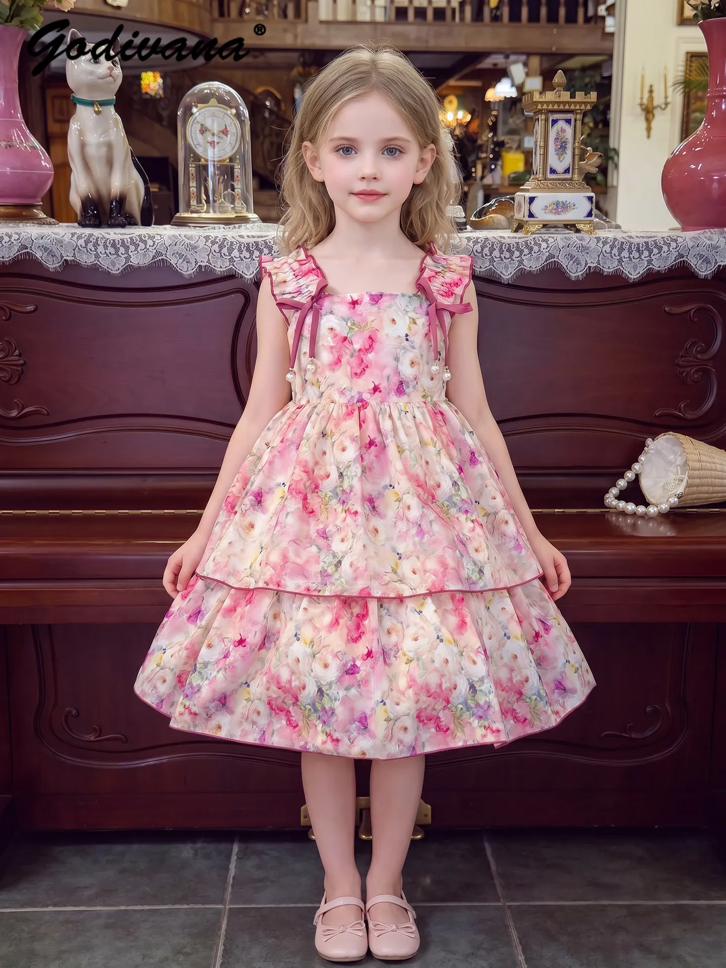 Sweet Baby Girls Pink Floral Print Dress New Summer 2026 Fashion High Waist Loose Bow Ruffle Trim Pastorale Casual Sundress