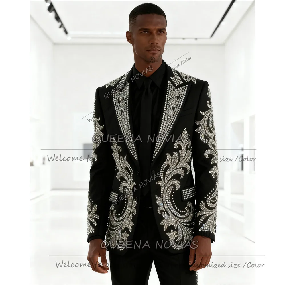 Brilliant Beaded Stones Groom Wedding Suits 2 Pieces Peak Label Prom Blazers Customized Man Tuxedo Banquet Party Attire Outfits