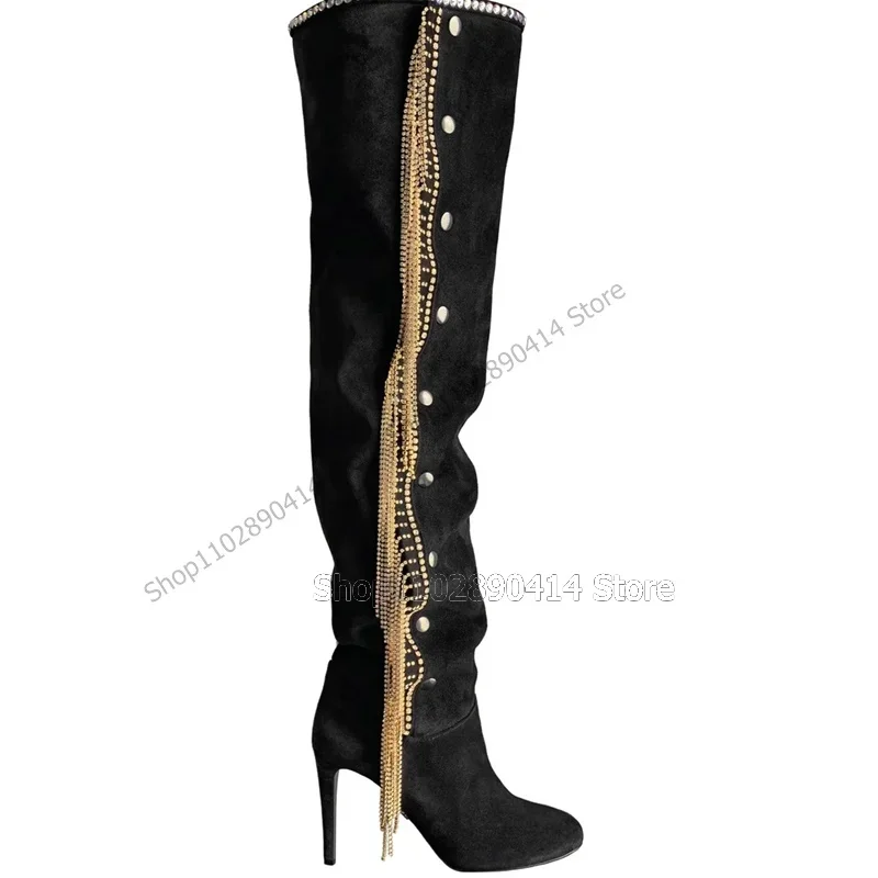 

Gold Crystal Tassels Button Decor Black Pointy Toe Boots Thigh High Women Shoes Thin High Heels Fashion 2023 Zapatos Para Mujere