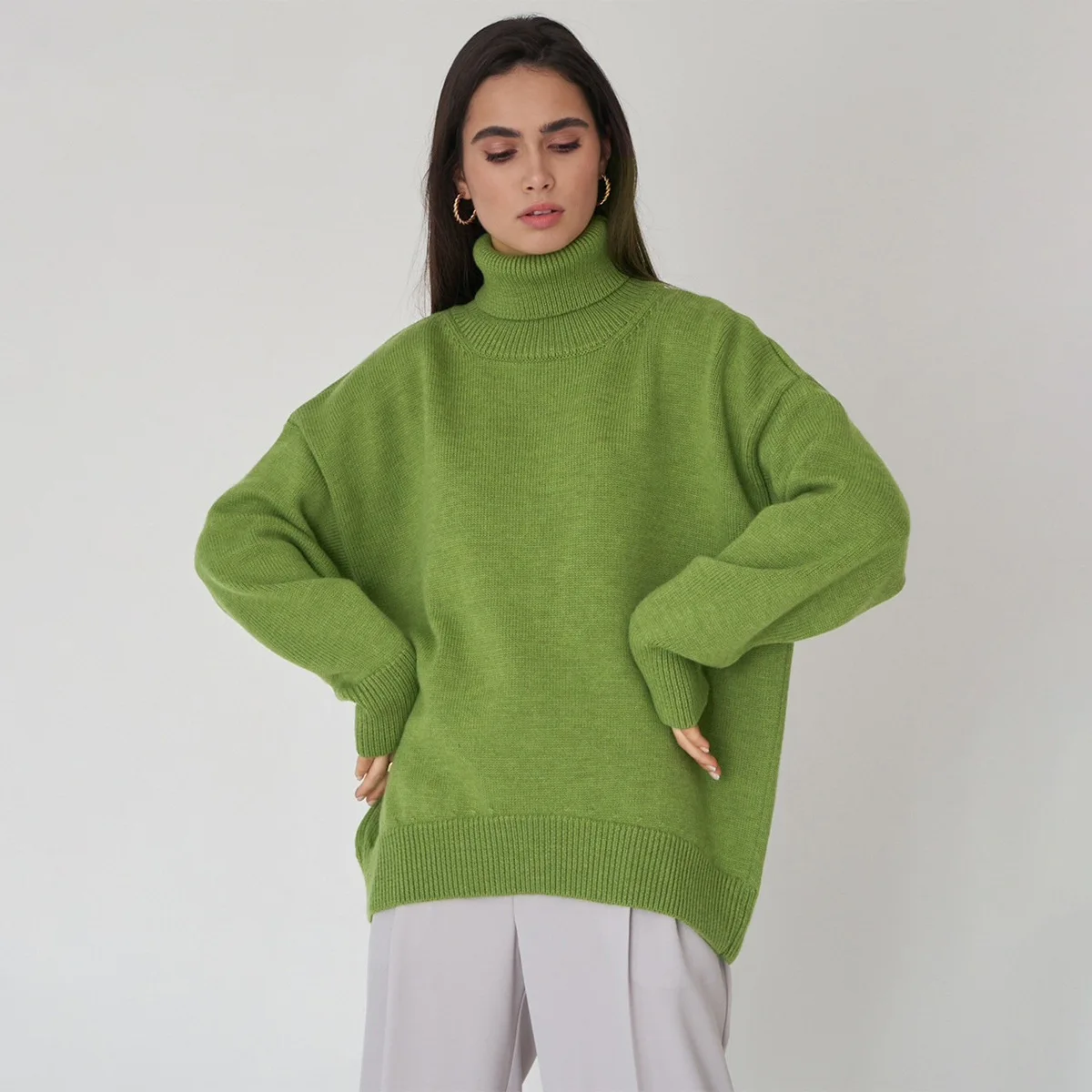 

Women's Tops Female Solid Color Turtleneck Sweater 2024 Autumn and Winter Loose Knitted Sweater Pullover Sweater for Women