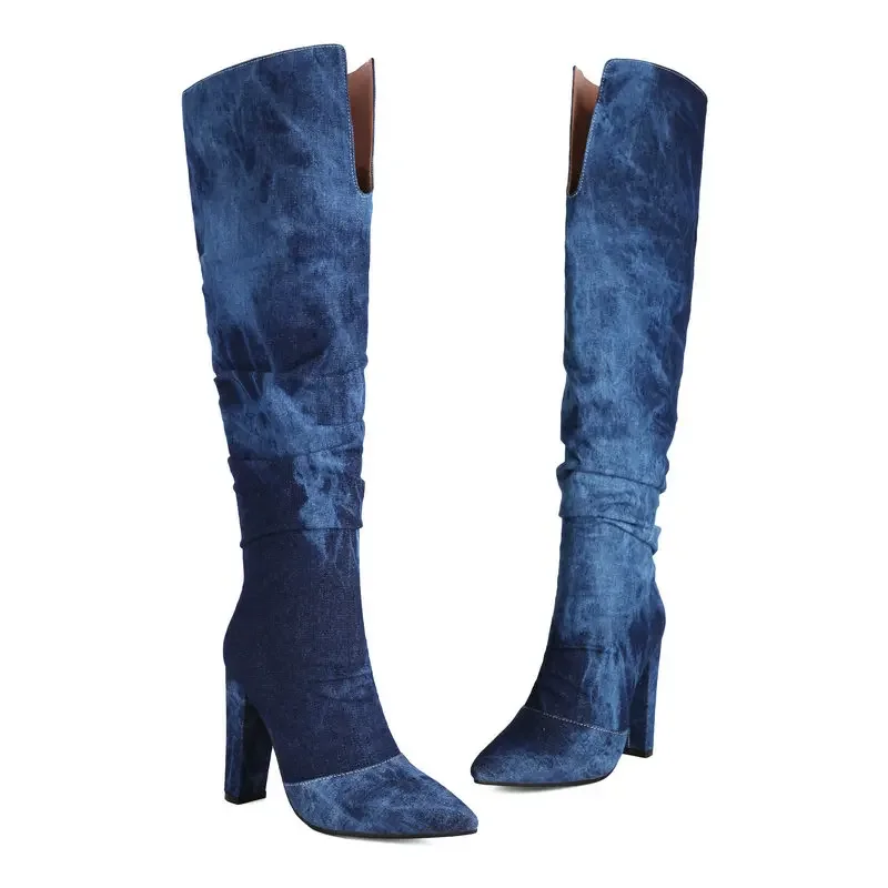 

Army Green Camouflage Camo Pattern Denim Jeans Blue Western Texus Women Shoes Block High Heels Knee-high V-cut Pleated Boots