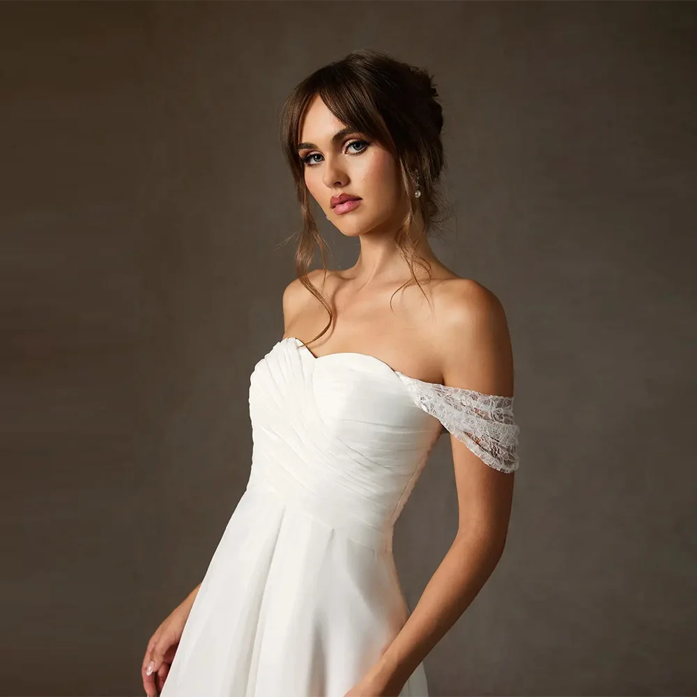 Customized Sweetheart Wedding Dresses A Line Soft Chiffon Lace Off The Shoulder Bridal Gown Side Split Floor Length Wedding Gown