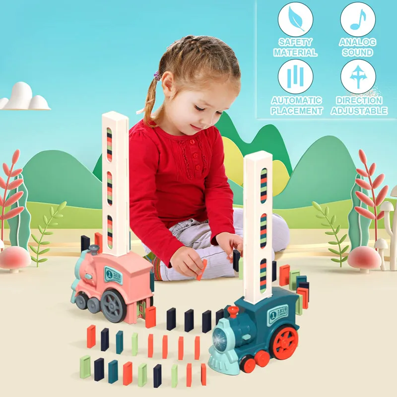 Tren de dominó para niños, juego de bloques de dominó de colores, luz de sonido, colocación automática, juguete educativo DIY, regalo