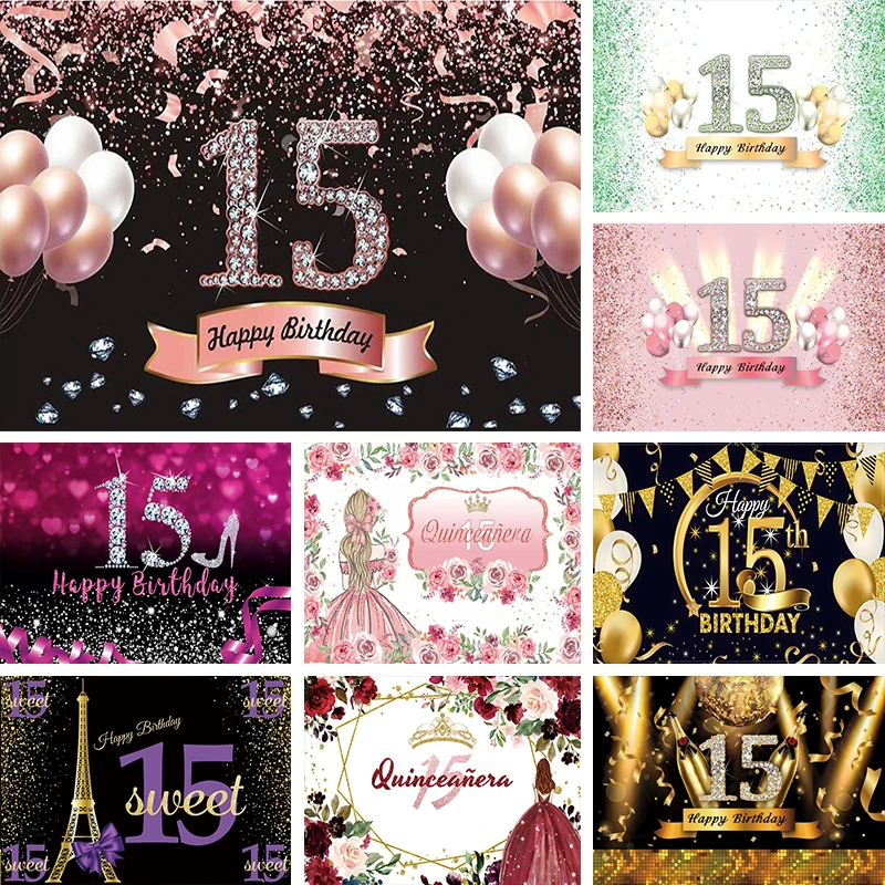 

Happy 15th Birthday Party Backdrop For Boys Girls 15 Years Old Custom Photography Background Cloth Home Studio Decoration Banner