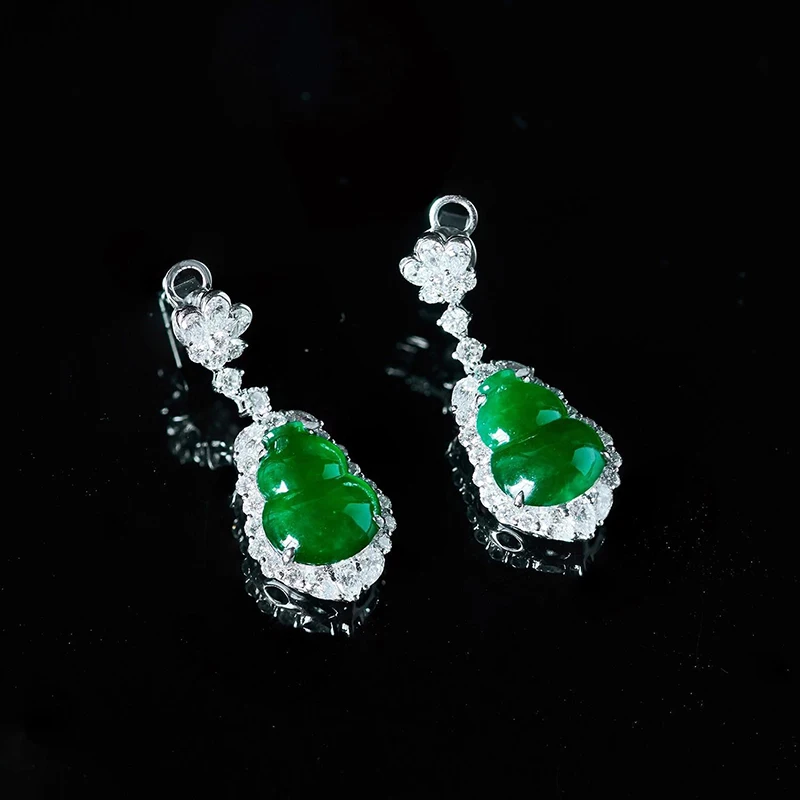 New natural high ice transparent glass emperor green gourd earrings elegant charm creative retro female silver jewelry