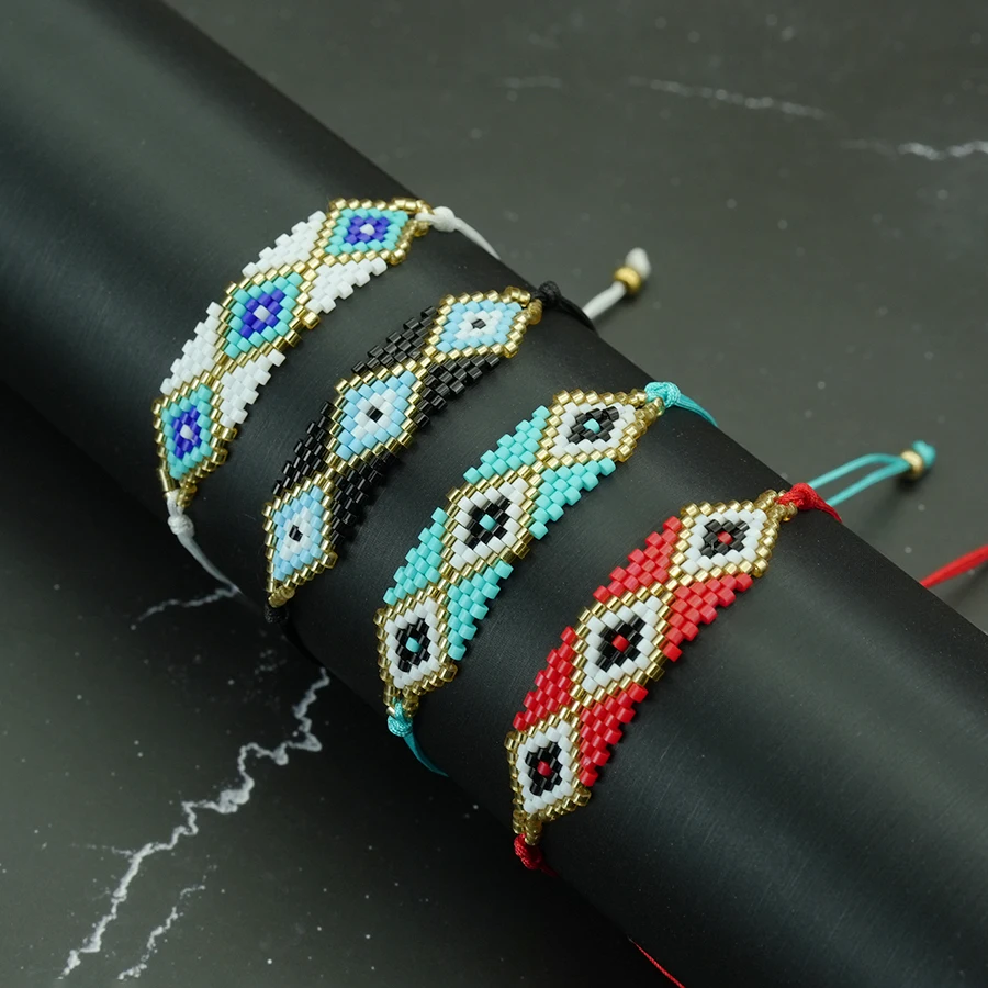 Ethnisches Türkisches Horror-Augen-Seilarmband, Unisex, Acryl-Reisperlen, Verstellbares Geometrisches Muster, Retro Casual Paar-Armband